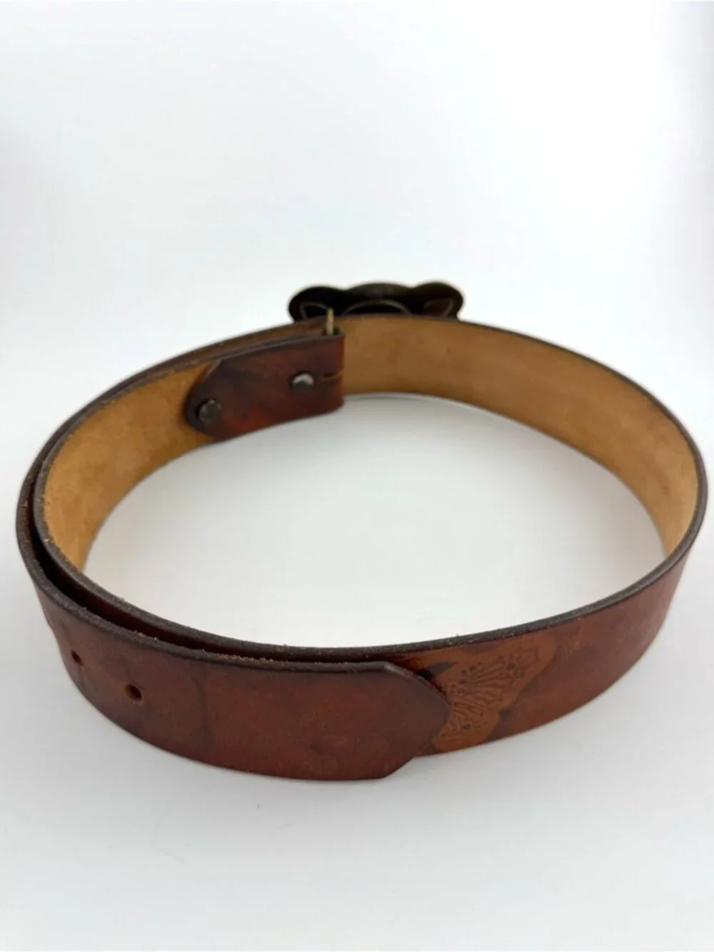 Hand Stained Latitan Leather Butterfly Belt with Red Stone Buckle Size 32 Brown